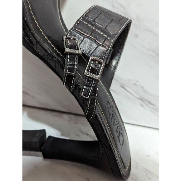 Chaps Women's Black Leather 3" Heel Croc Embossed Slide Kourtney Sandal Size 8 - Picture 2 of 12